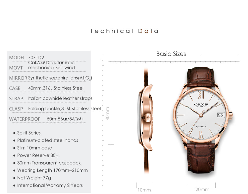 Agelocer Automatic Watch Date Display Leather Strap Budapest Series 707