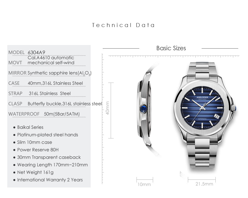 Agelocer Lake Baikal Series 630 Steel Band Date Display Men Watch